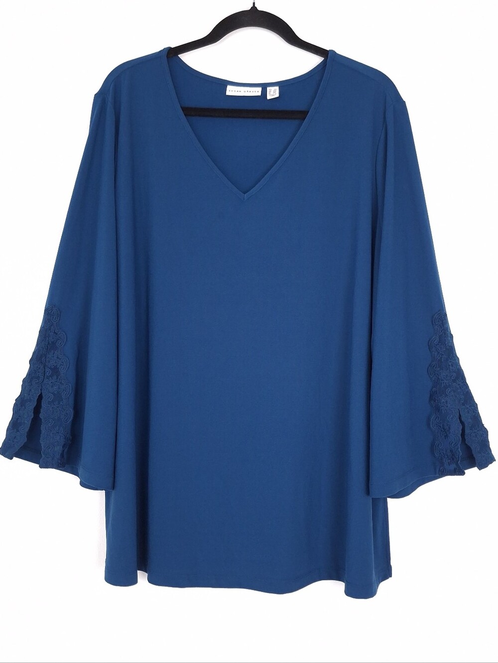 Susan Graver Liquid Knit lace sleeve top v-neck office travel slinky stretch